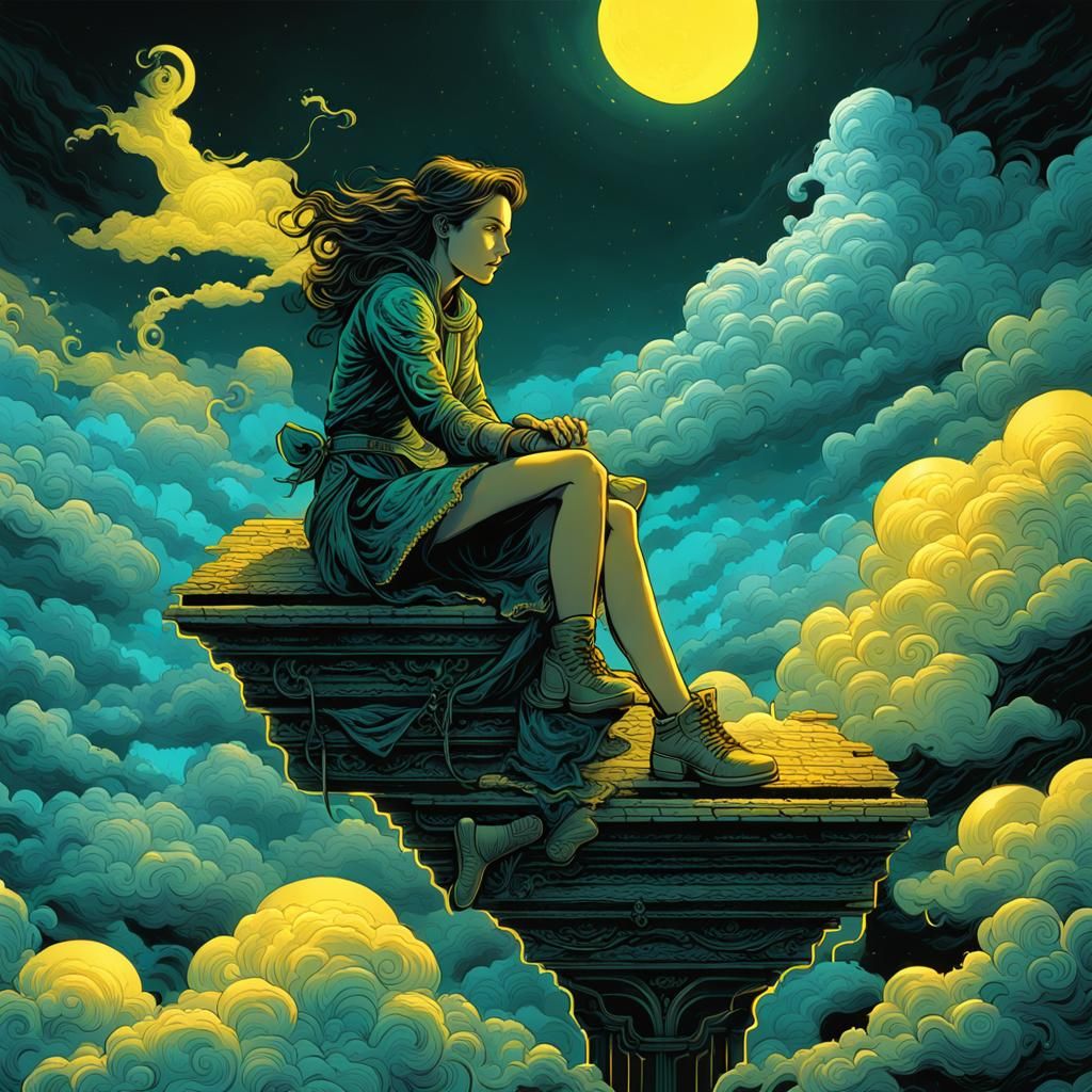 Woman on Cloud in Fantasy Comic Art Style
