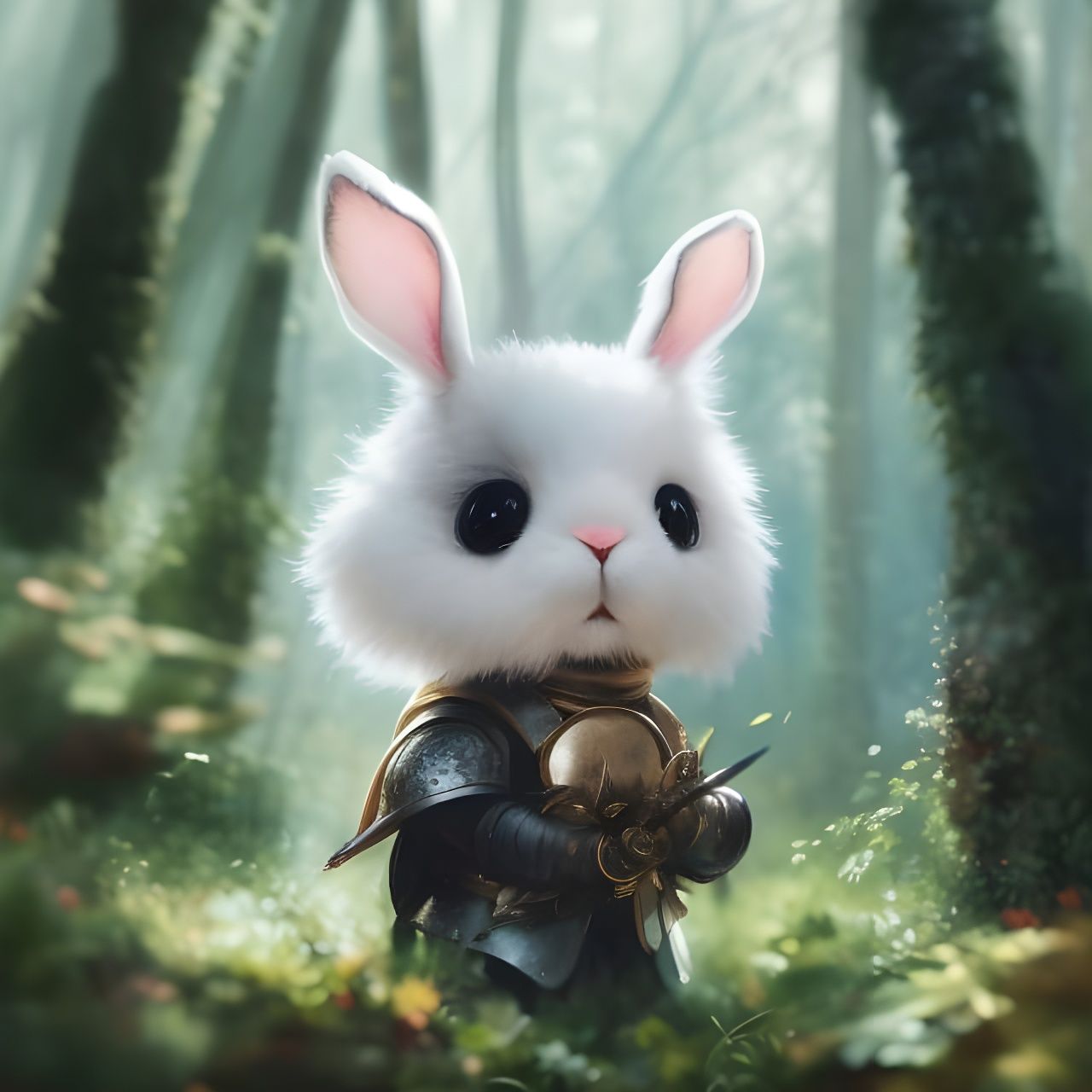 Fluffy Bunny Knight Portrait in Forest, Matte Painting