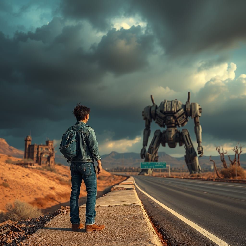 Punk Traveler Amidst Ruined Cityscape in a Futuristic Landsc...
