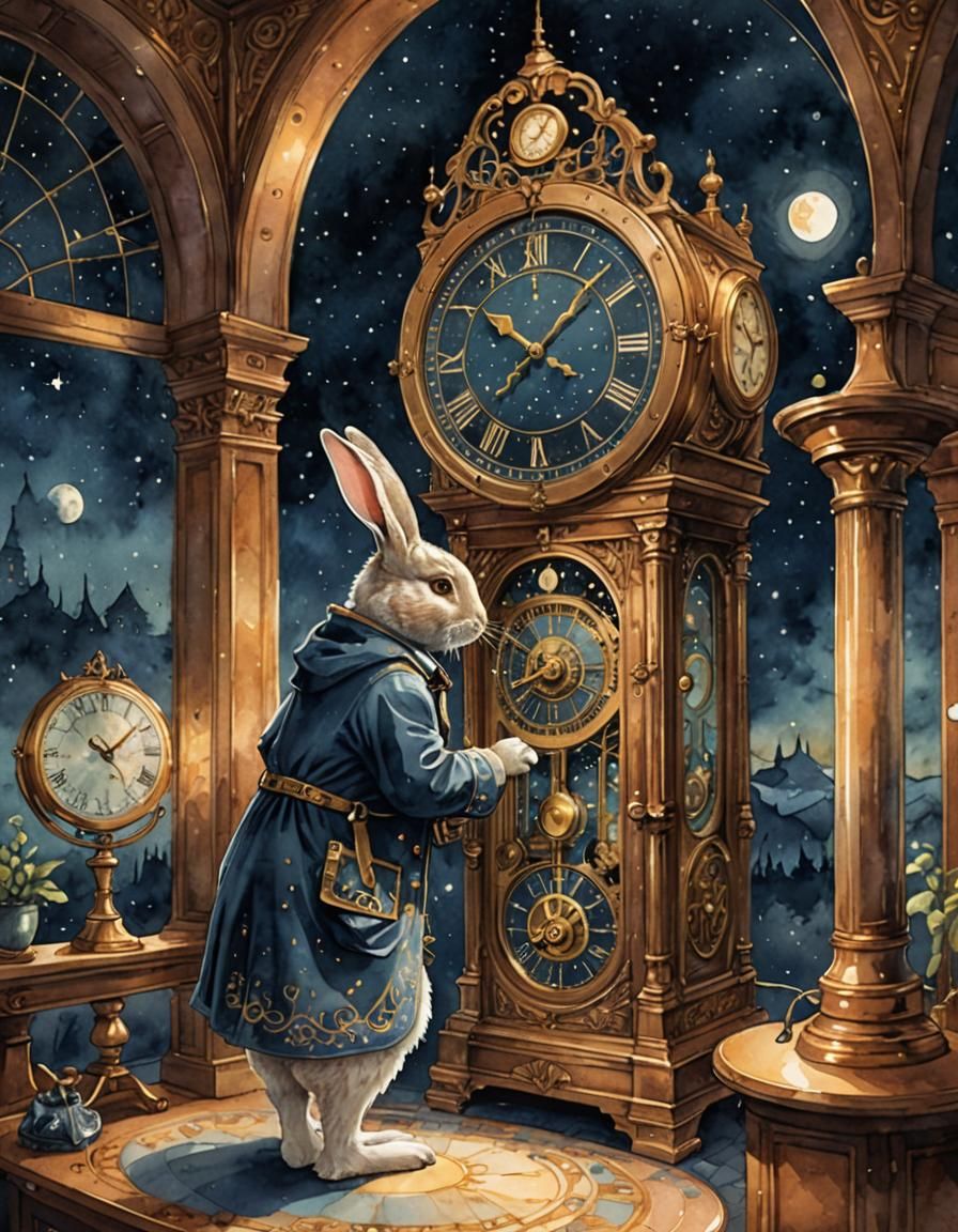 Moonlit Observatory Clock Inspection in Whimsical Illustrati...