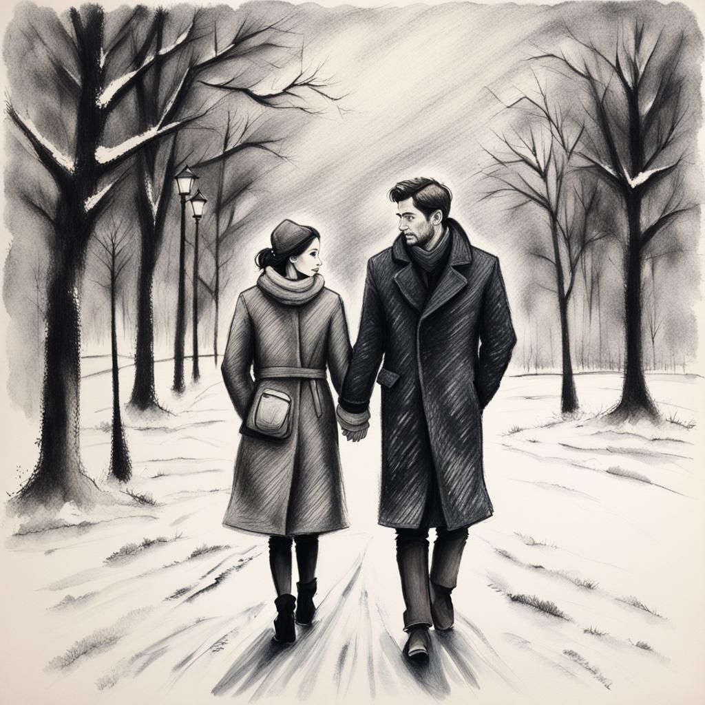 Love in winter, charcoal drawing, black and white, texture, a woman with a wool coat holding the arm of a man who looks ...