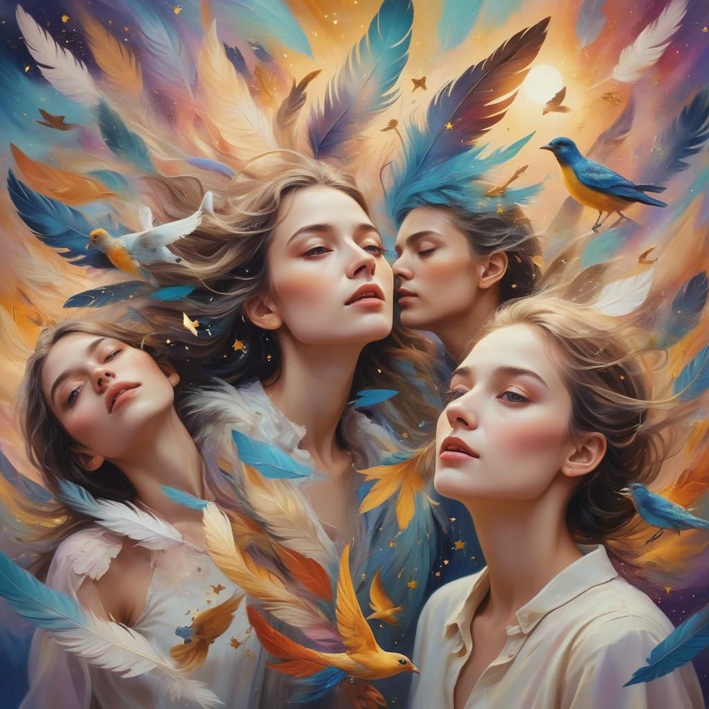 Ethereal Surrealism: People Rising with Birds and Stars
