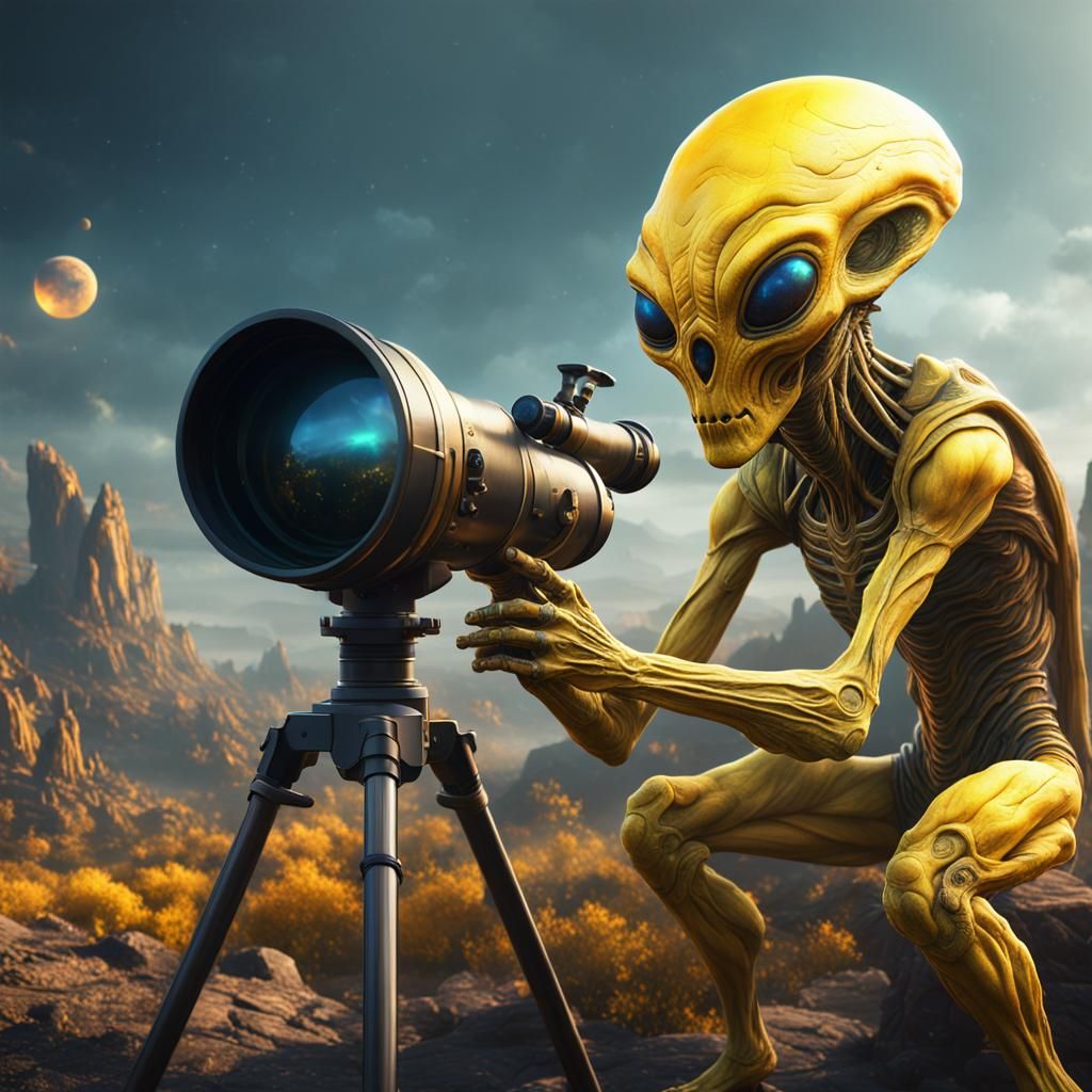 Yellow Alien Gazing Through Telescope: Detailed Matte Painti...