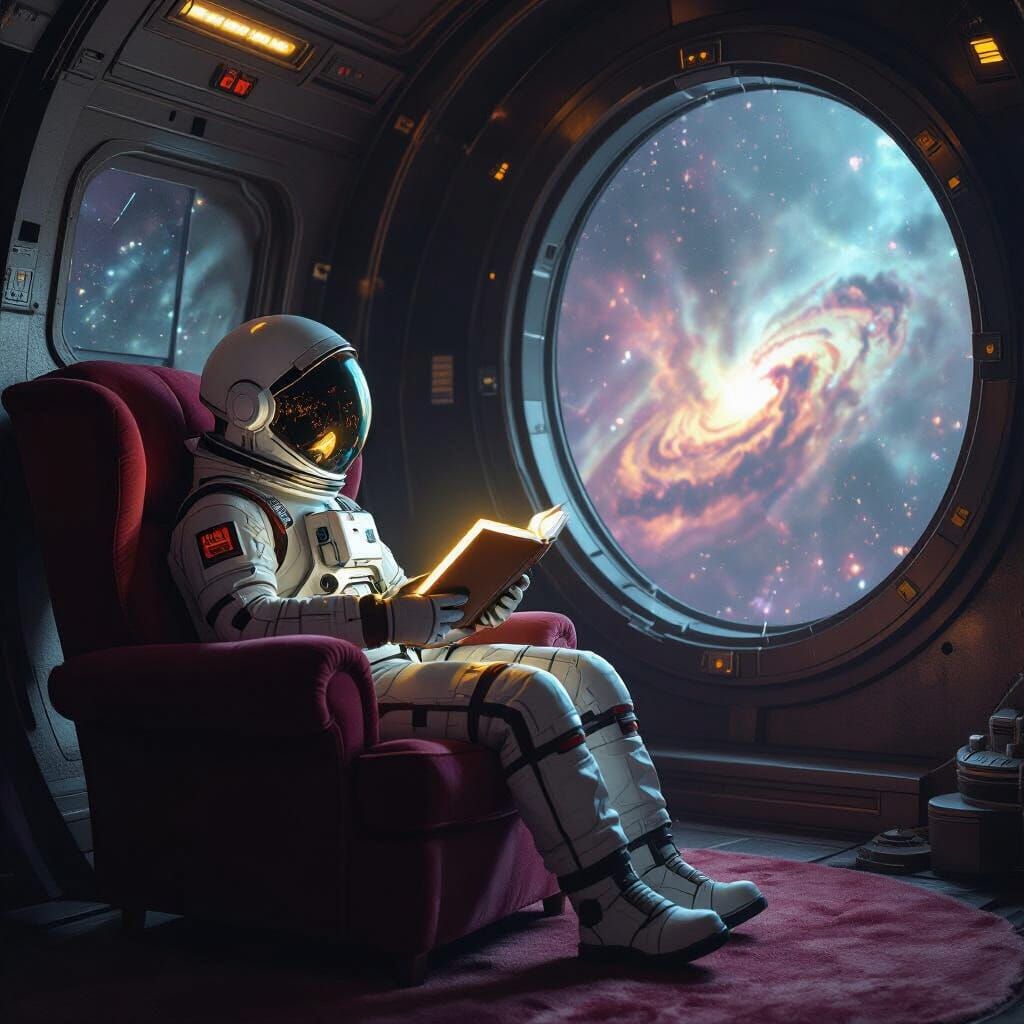 Melancholic Astronaut Reading in Spaceship Observation Deck