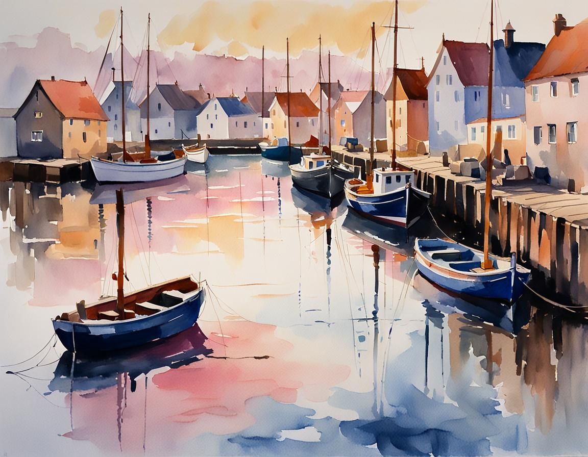 Danish Harbor in Evening Light, Impressionist Watercolor