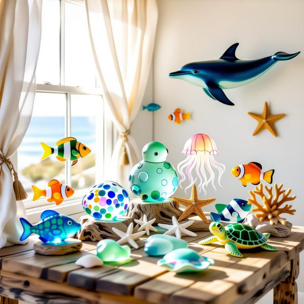 Sea Glass Sculptures of Marine Life in Coastal Studio