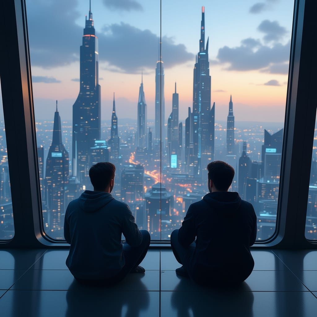 Cyberpunk City View: Two Friends Overlooking Modern Metropol...