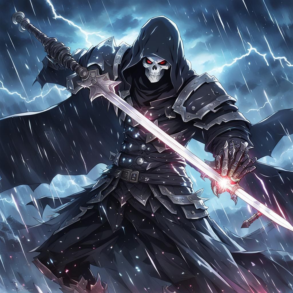 Armored Grim Reaper with Glowing Sword in Anime Style