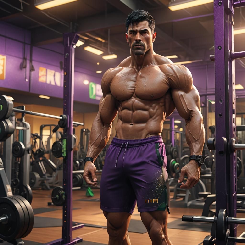 Muscular Man in Gym: Detailed Matte Painting