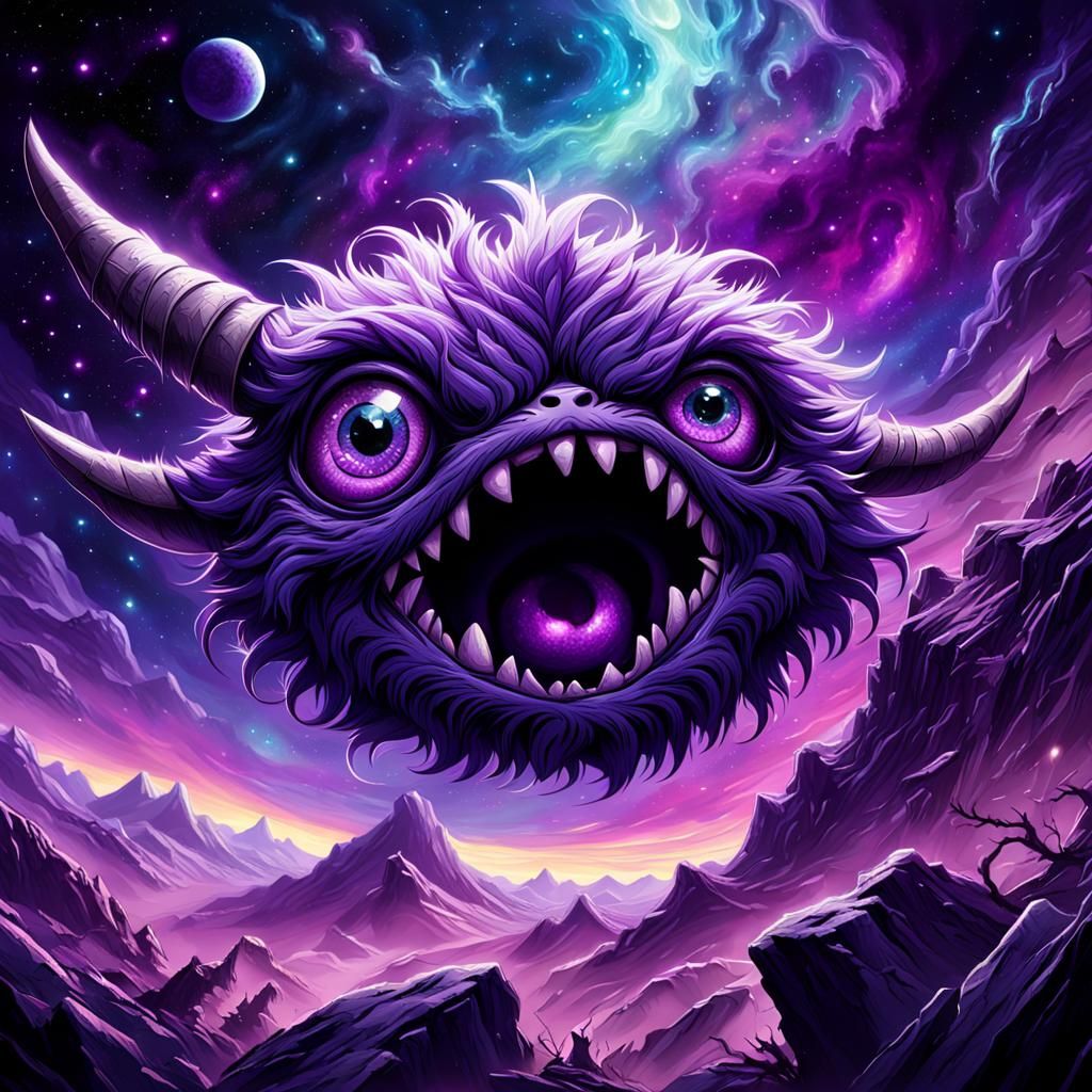 Cute Purple Monster Flying in Cosmic Scene