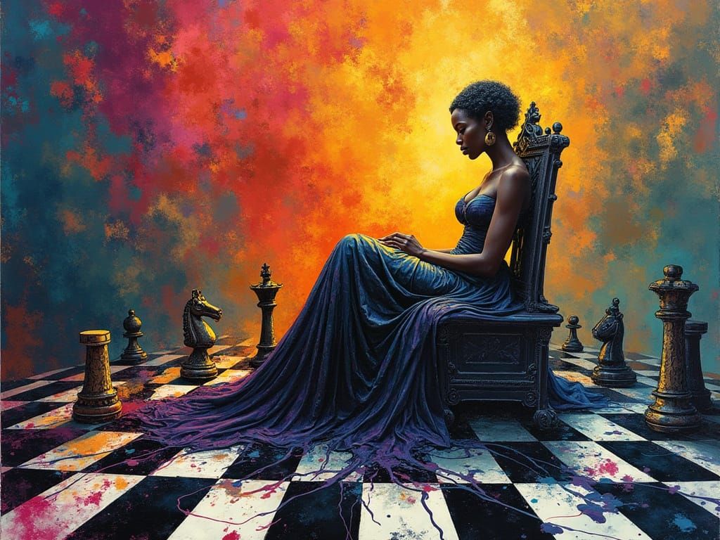 African American Queen in Pop Art Chessboard Throne