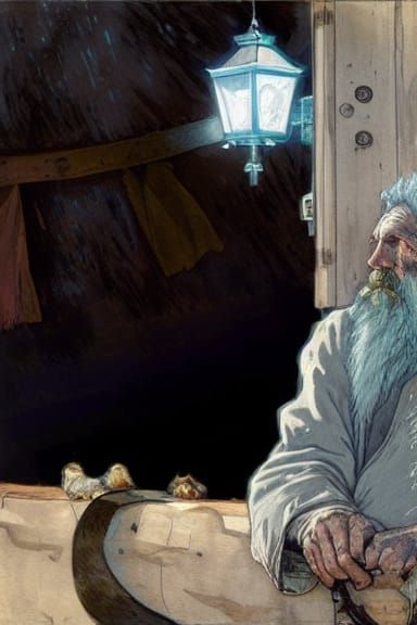 Hermit with Lantern Overlooking Modern Town