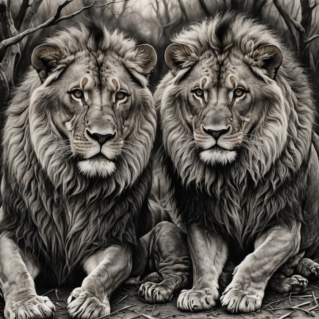 Hyperdetailed Charcoal Drawing of Lions