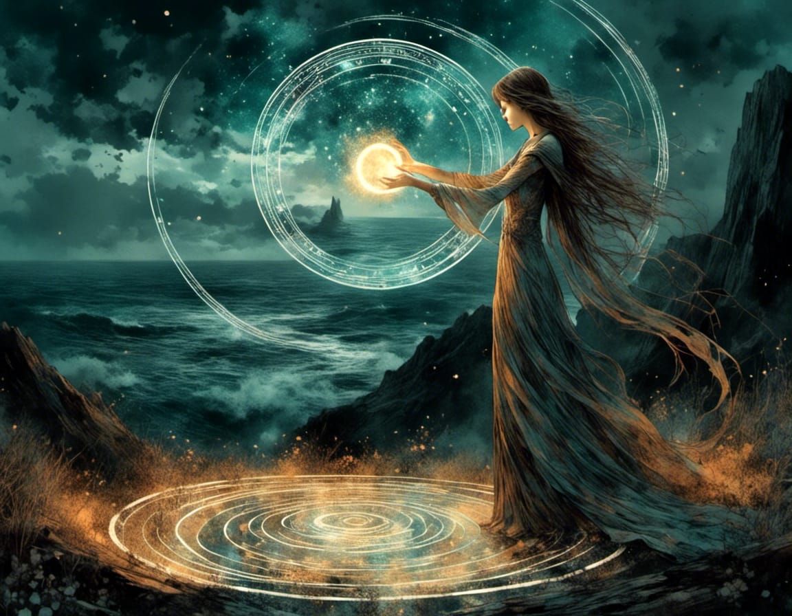 Sorceress Draws Magic Circle in Pre-Raphaelite Style