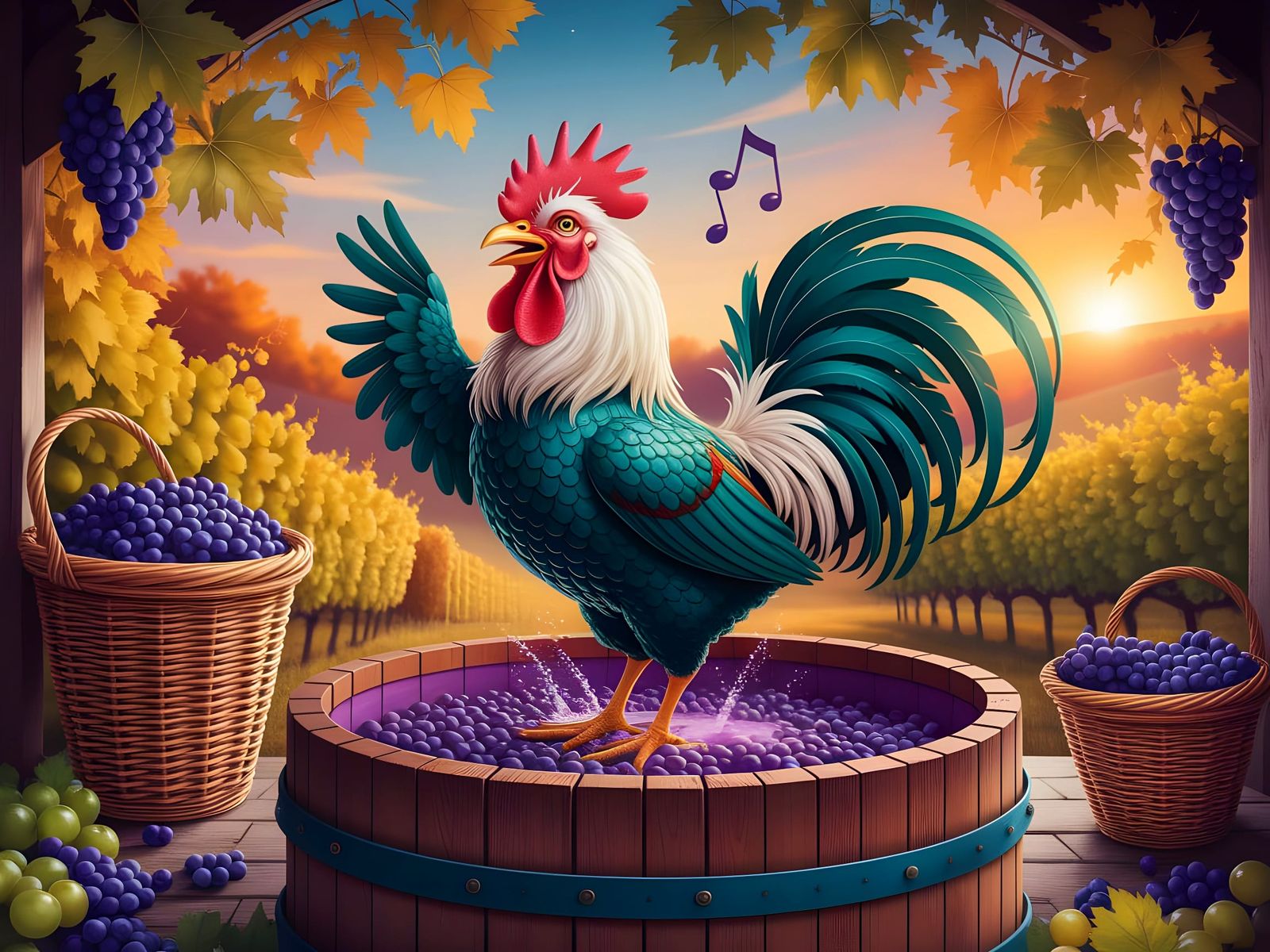 Rooster Harvesting Grapes in Autumn Vineyard