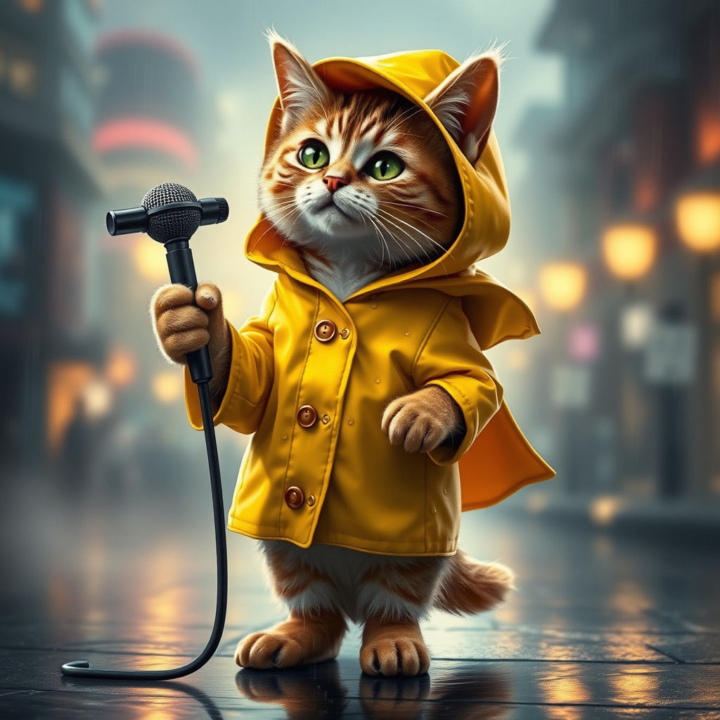 Whimsical Cat Crooner in Rainy Cityscape