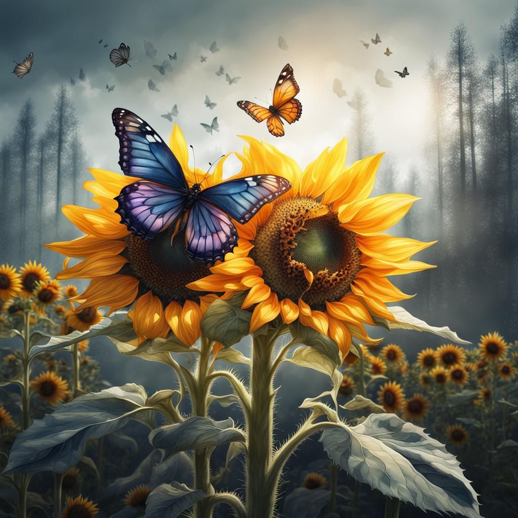 Sunflower and Butterfly Double Exposure in Watercolor