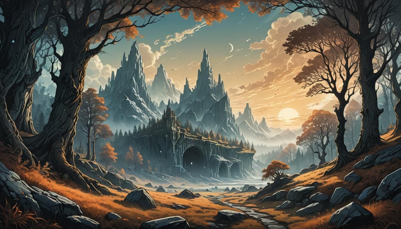 Mysterious Meadow at Dawn: Retro D&D Illustration