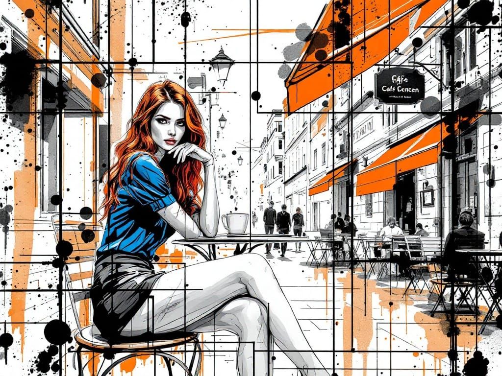 Stylized Portrait of a Fashionable Woman in a City Café