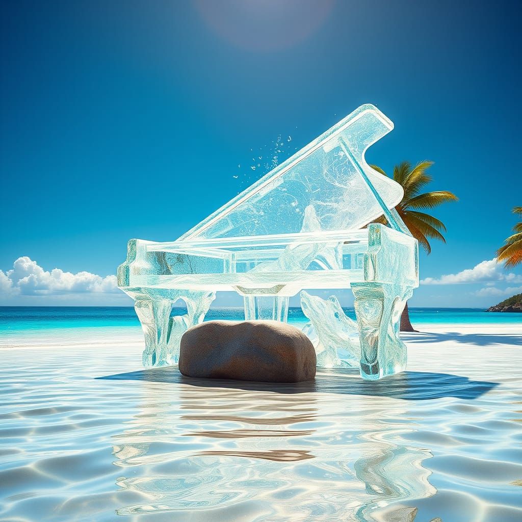 Hyperrealistic Water Piano on Pristine Beach