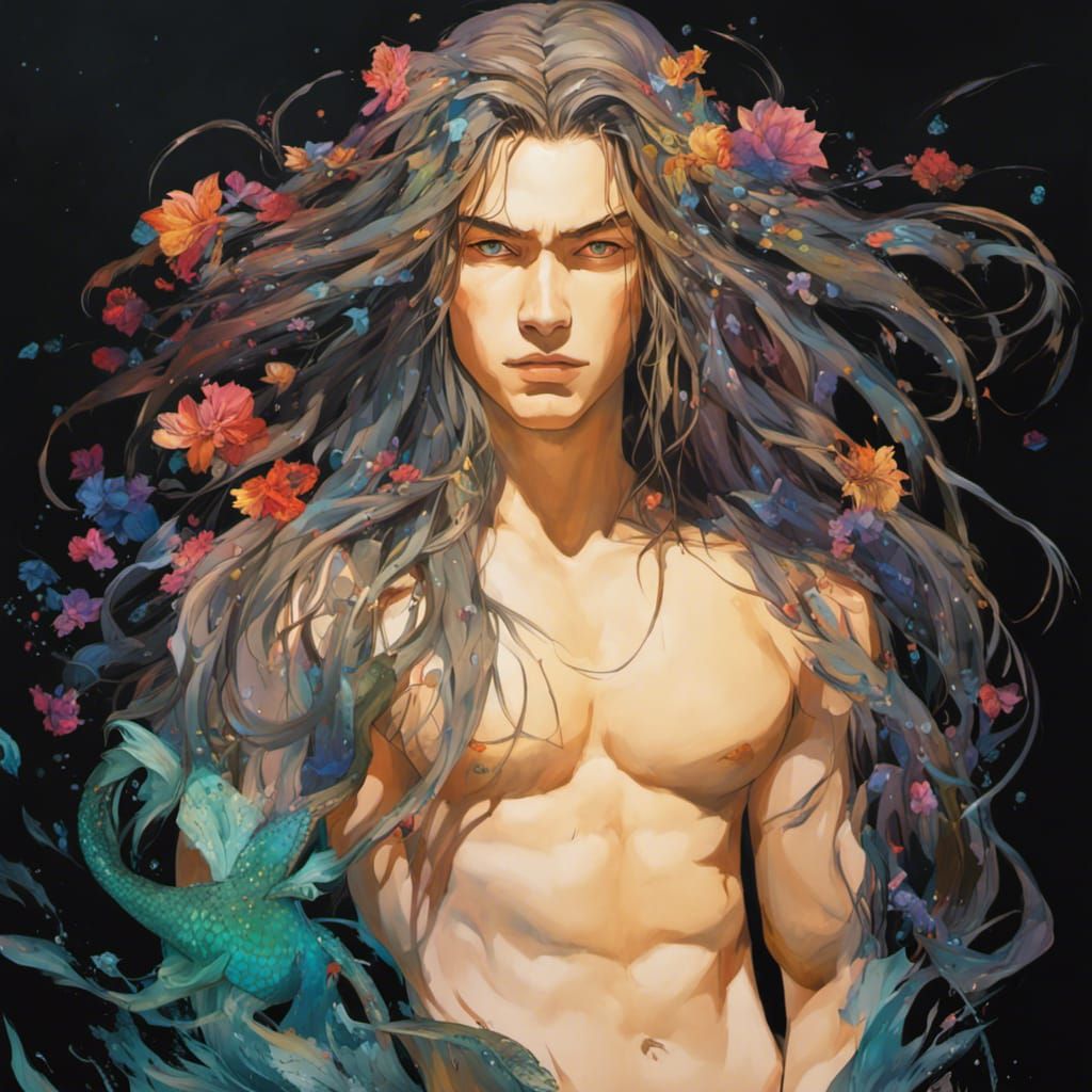 Mermaid Man with Braids in Art Nouveau Style