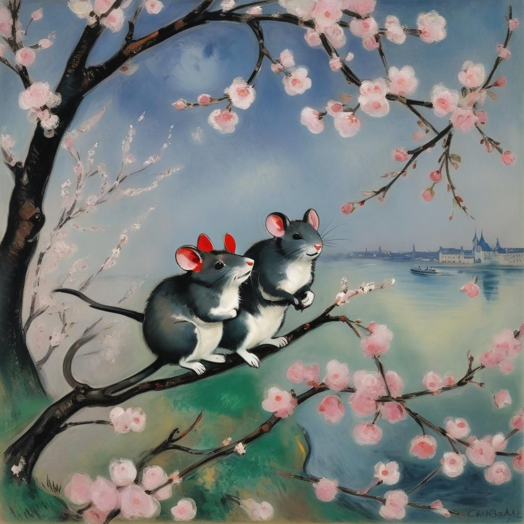 Mice in Cherry Blossoms: Naive Art Style