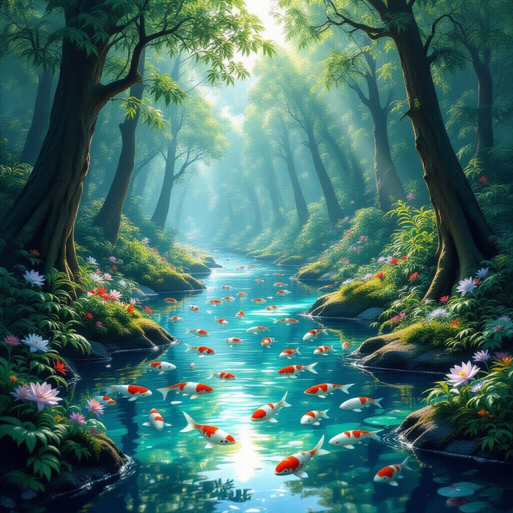 Gleaming Crystal Forest Creek with Koi Fish
