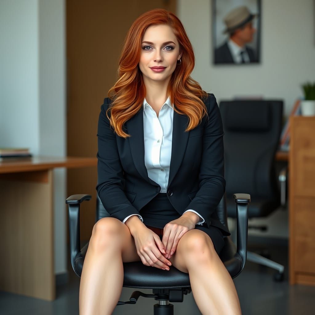 Attractive Redhead Secretary in Black Suit Sitting in Office