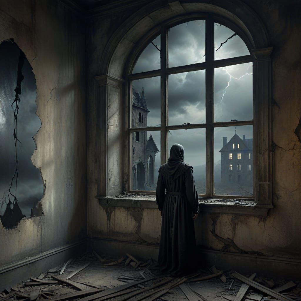 Ominous Figure in Dilapidated Mansion: Surrealist Oil Painti...