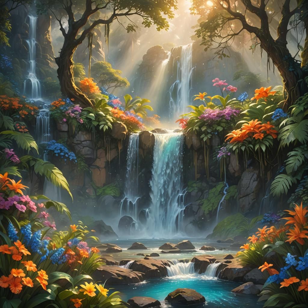 Geldi Waterfall in Sunlight: Fantasy Oil Painting