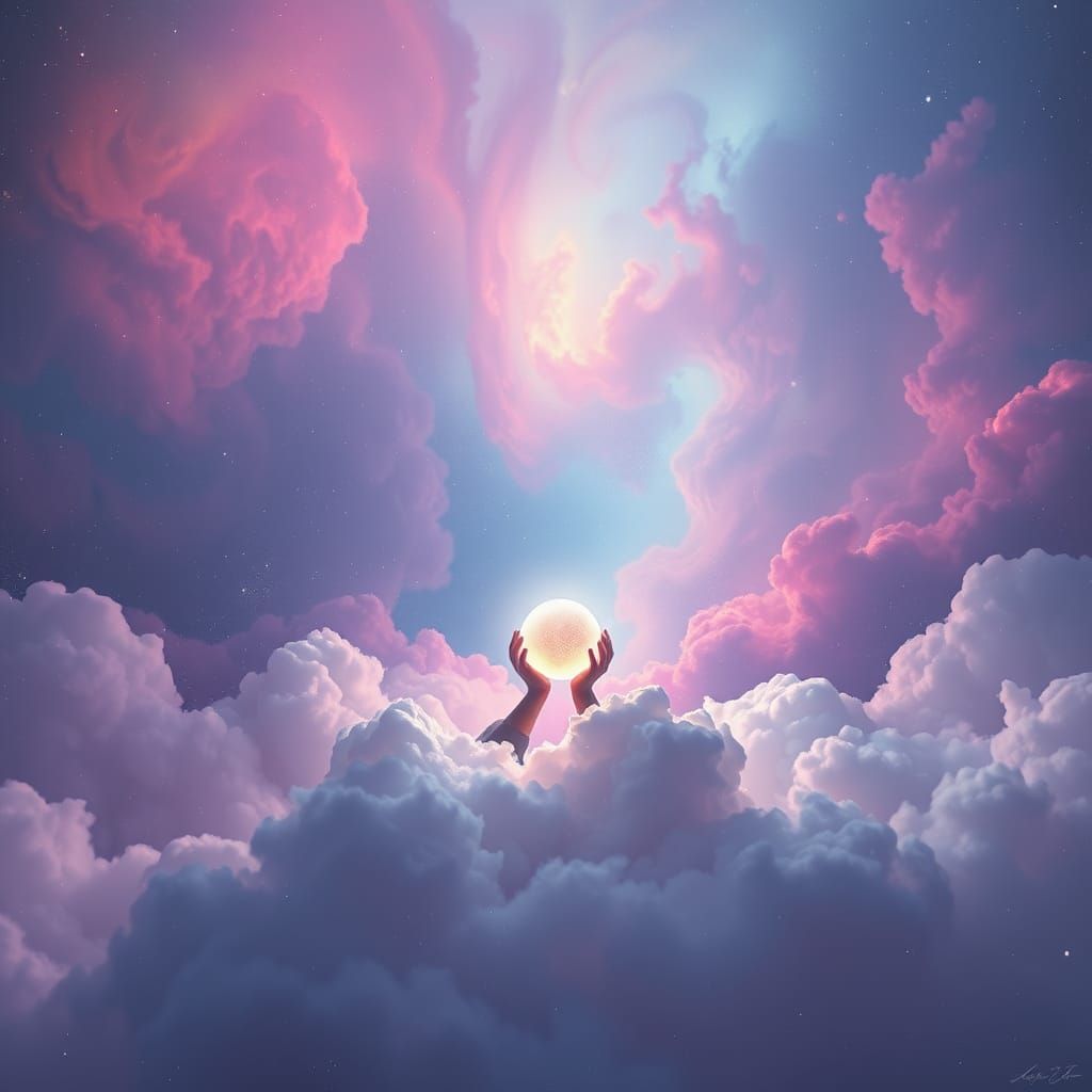 Soul in Cosmic Nebula Cradles Glowing Orb of Love