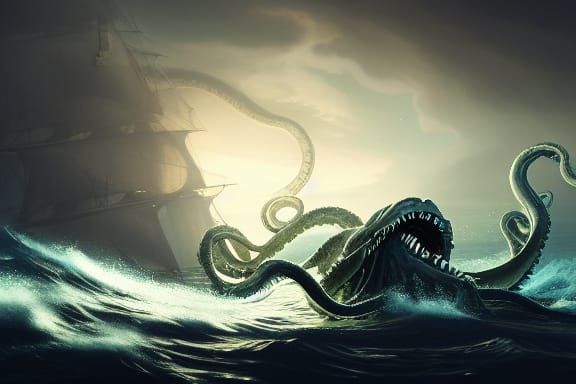 Mythical Kraken Attacks Ships: Hyperrealistic Digital Art