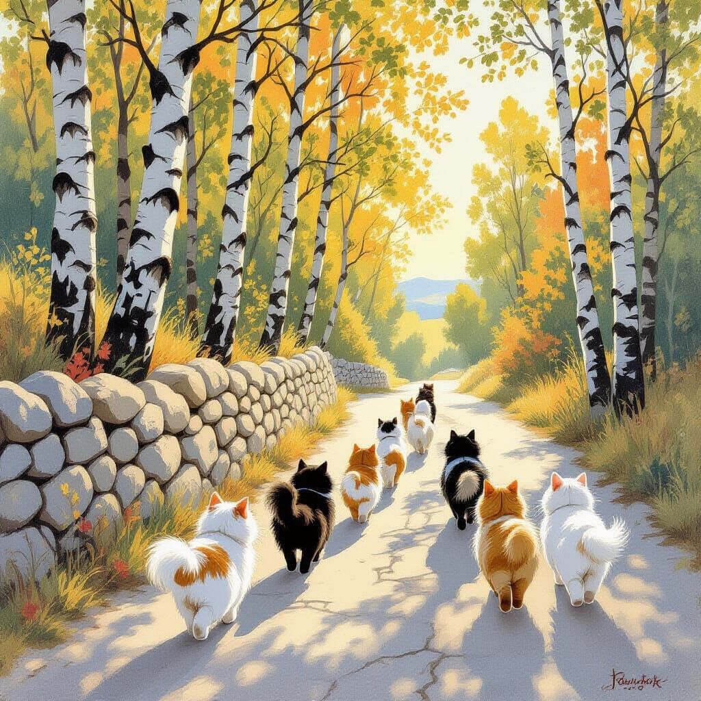 Ten Fluffy Cats Walk in Golden Hour Storybook Style
