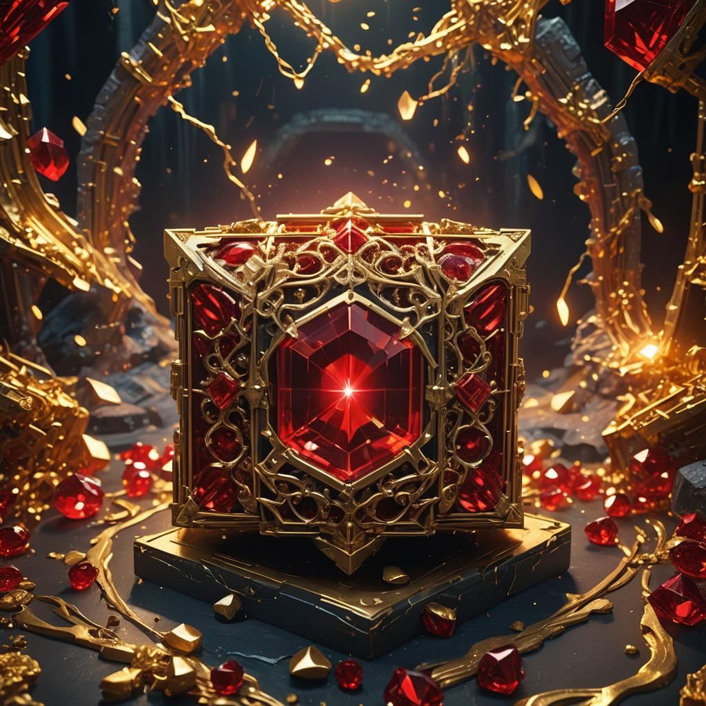 Luminescent Red Crystal in Detailed Gold Box