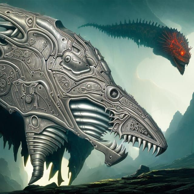 A Gustave Doré, Hr Giger and Peter Gric Oil Painting of Steel Plated Exo Skeletonized Battle Leviathans from Hell V11