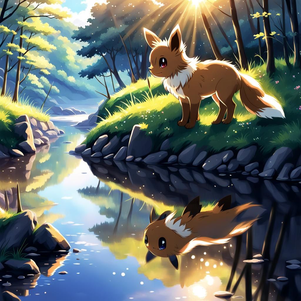 Eevee Reflects: Anime-Style River Scene