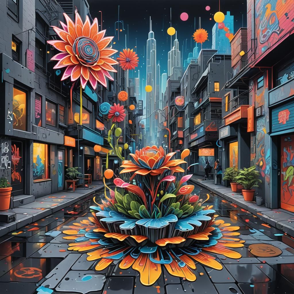 Futuristic Kirigami Cityscape in Street Art Style