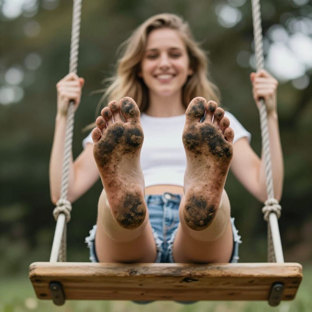 Girl on Swing with Dirty Feet Smiling