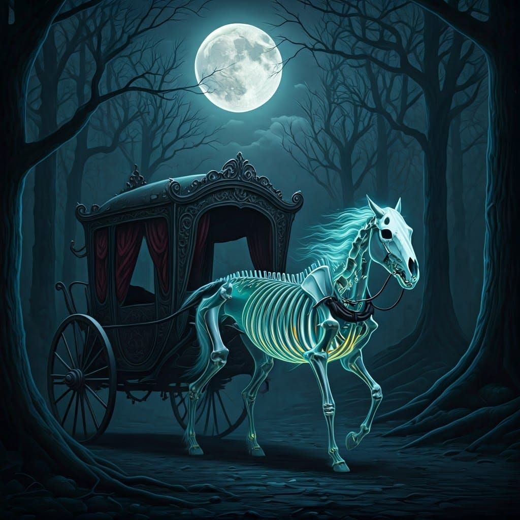 Skeleton Horse and Carriage in Dark Forest