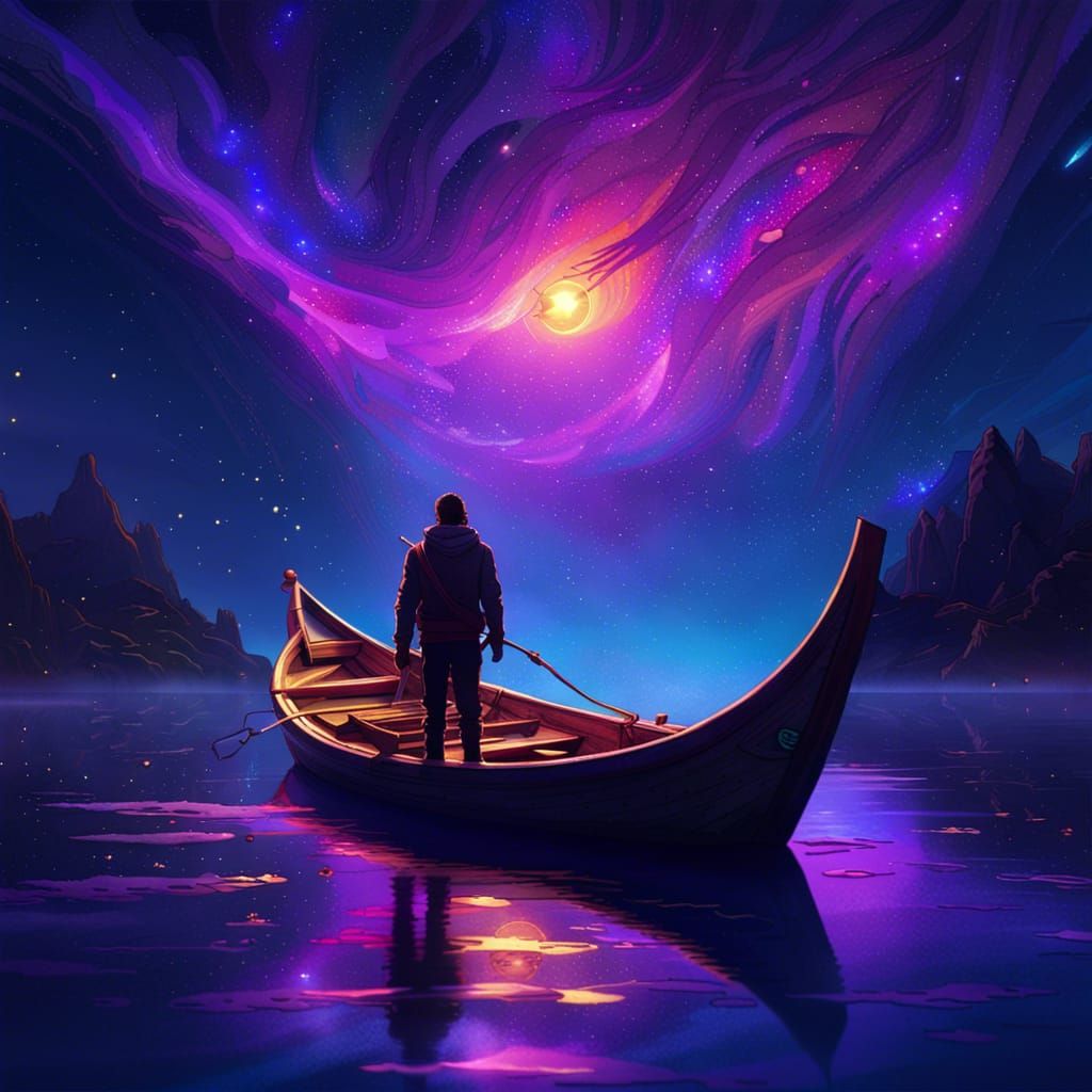 Stary Night Boat Ride in Dark Fantasy Style