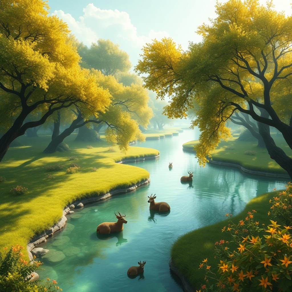 Peaceful Paradise Garden with Glowing Trees