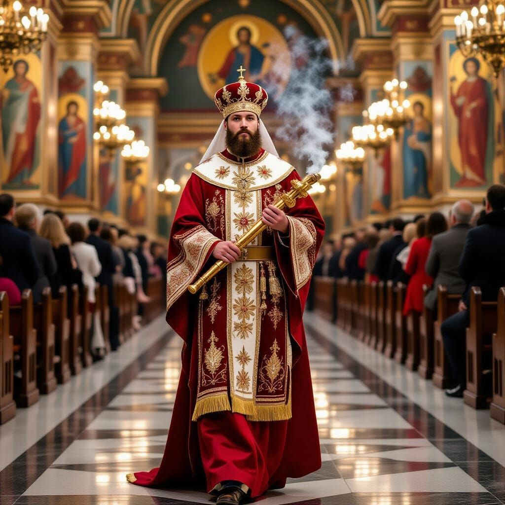 Byzantine Deacon in Russian Cathedral, Classic Painting Styl...