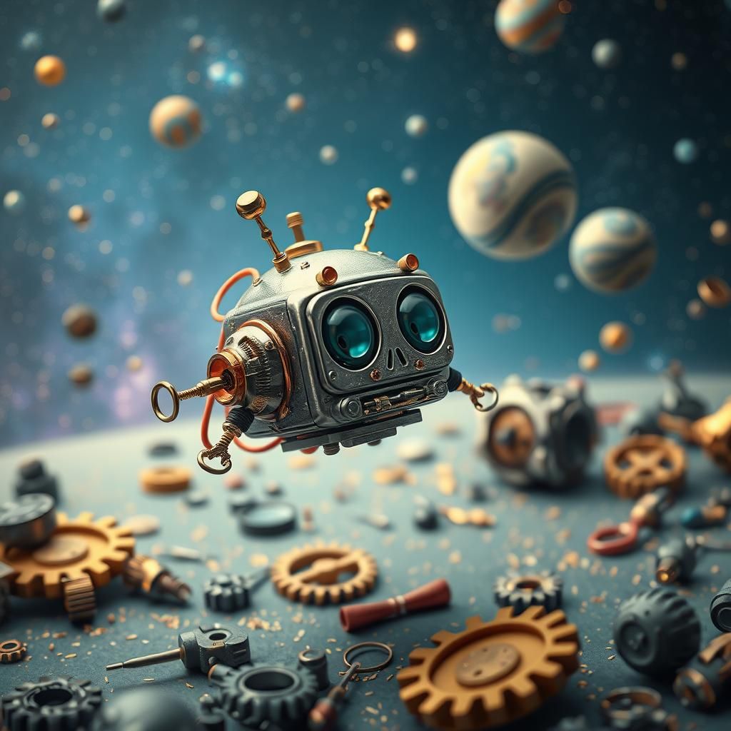 Gizmo Robot Floats in Starry Industrial Sci-Fi Space