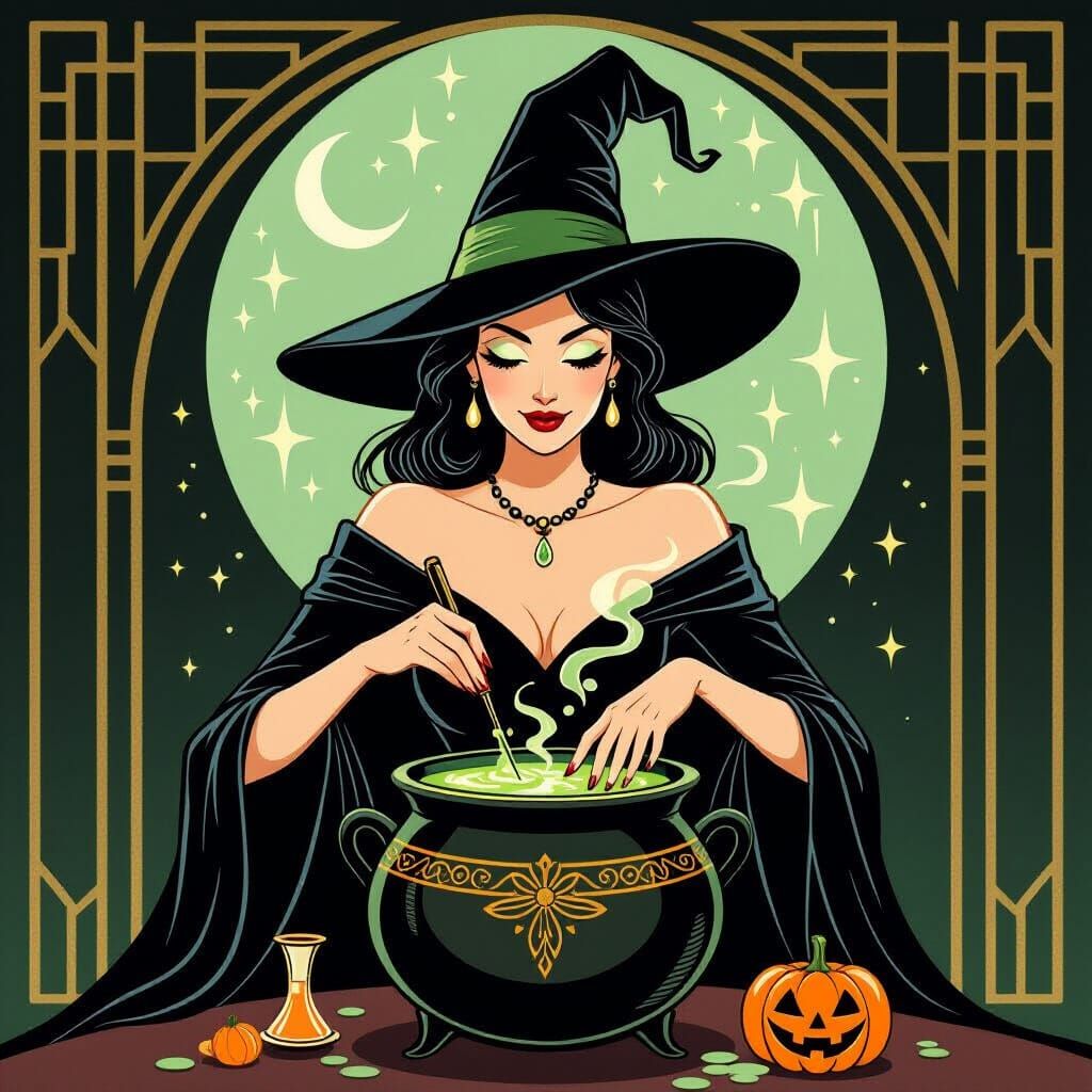 Elegant Witch Stirring Potion in Art Deco Style