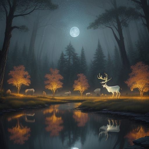 Ethereal Albino Elk in Moonlit Forest