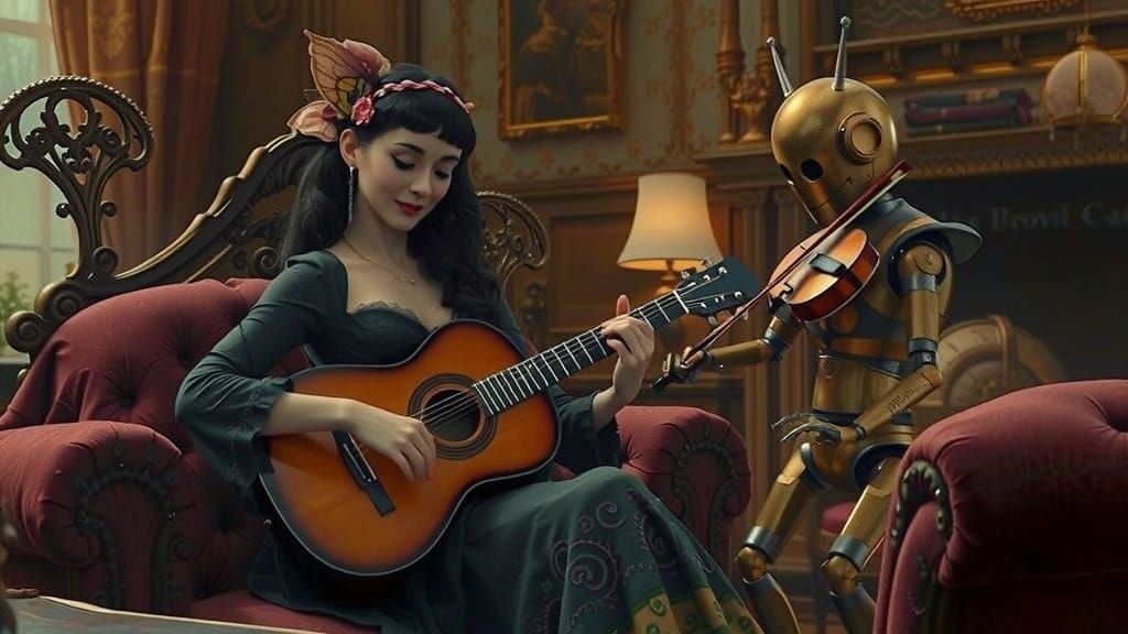 Victorian Fairy with Robot Violinist: Cinematic Still
