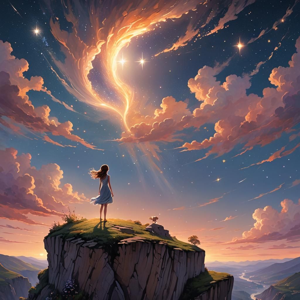 Fantastical Creature Gazing at Starry Sky Digital Painting