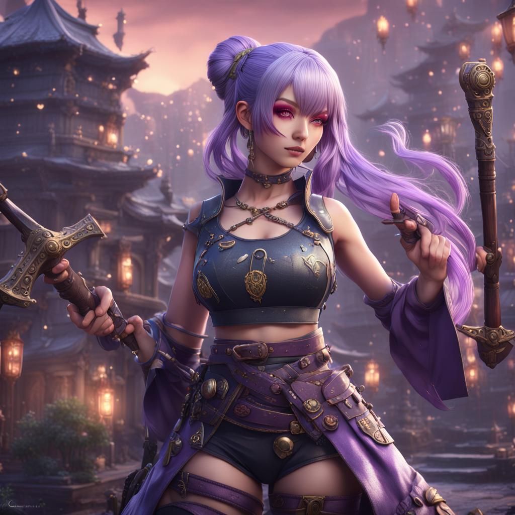 Anime Fantasy Weapons Merchant with Lilac Hair