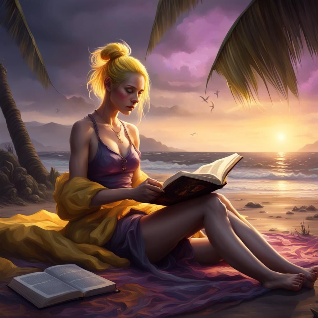 Girl Reading Book on Beach, Fantasy Concept Art