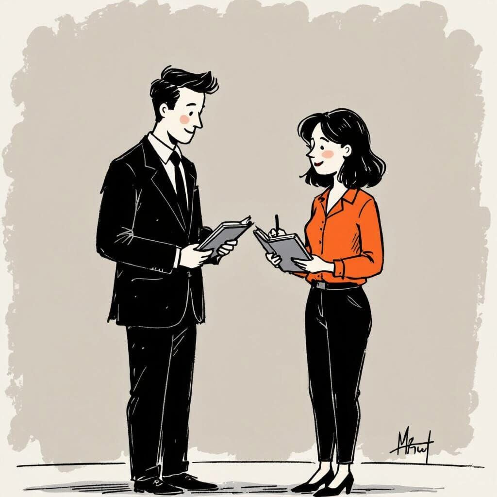 Executive and Analyst in Quentin Blake-Style Illustration